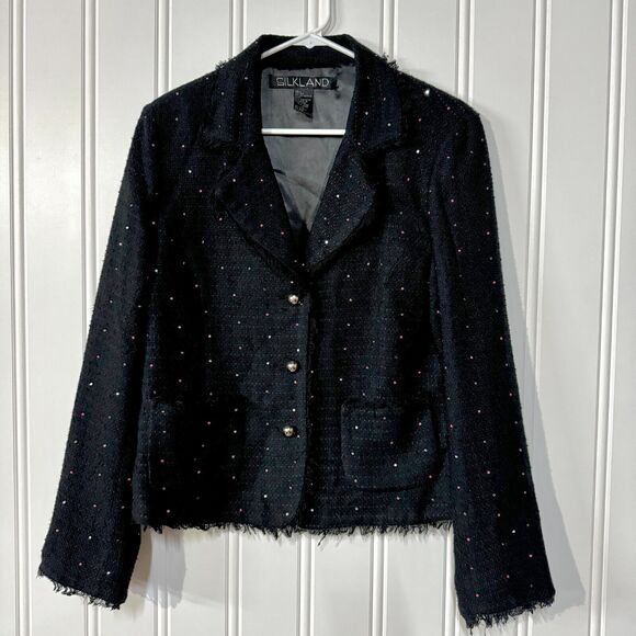 VTG SILKLAND Blazer Women Size XL Knit Lined Speckled 70% Silk Navy Blue Button - Picture 1 of 6